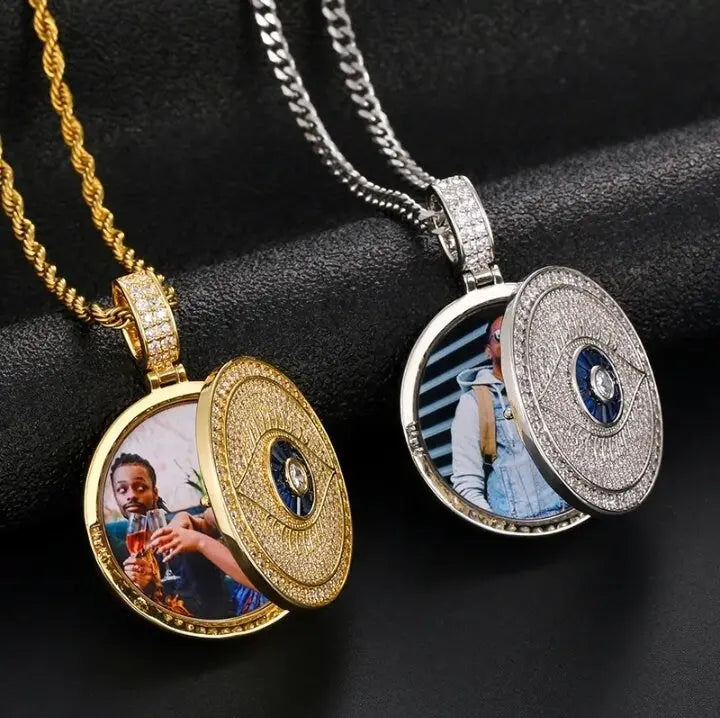 Evil Eye Photo Necklace with Engraving Personalized for Men Women, 18K Gold/Platinum Plated AAA CZ Medallion Customized Photo Pendant JettsJewelers