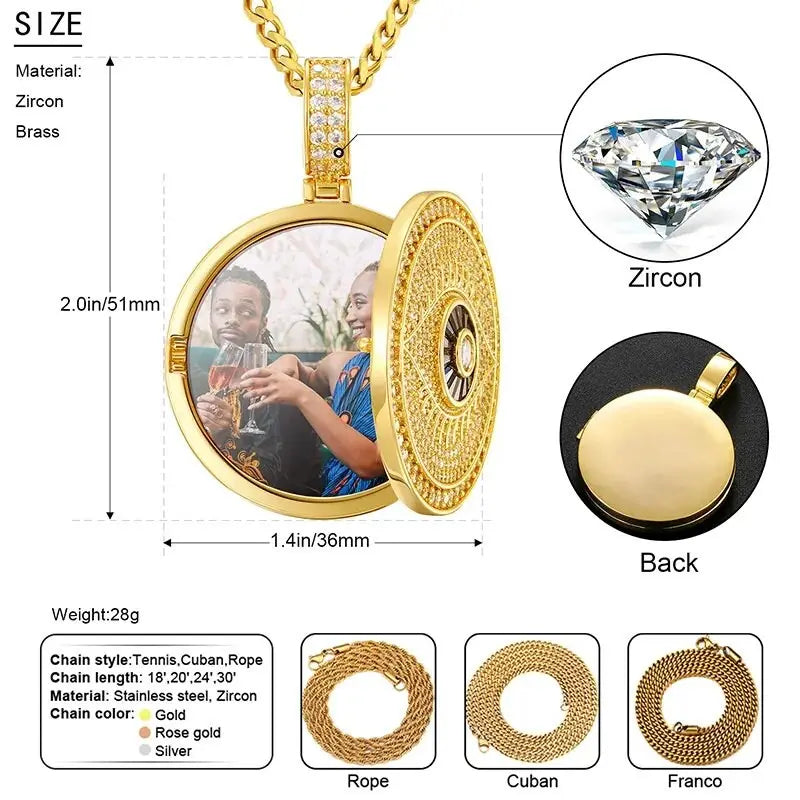 Evil Eye Photo Necklace with Engraving Personalized for Men Women, 18K Gold/Platinum Plated AAA CZ Medallion Customized Photo Pendant JettsJewelers