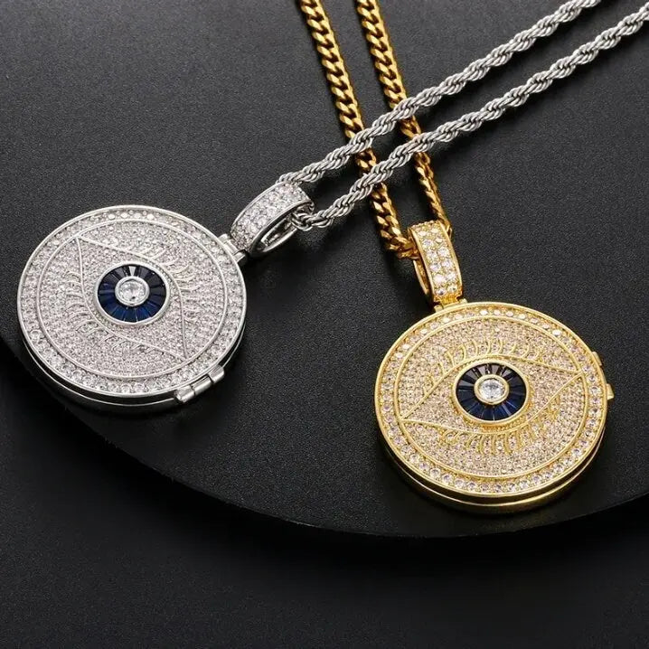 Evil Eye Photo Necklace with Engraving Personalized for Men Women, 18K Gold/Platinum Plated AAA CZ Medallion Customized Photo Pendant JettsJewelers