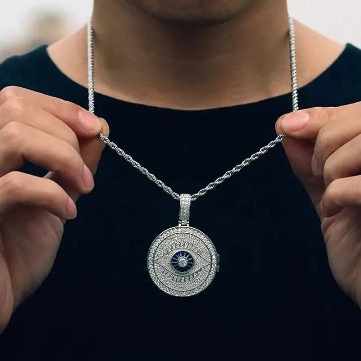 Evil Eye Photo Necklace with Engraving Personalized for Men Women, 18K Gold/Platinum Plated AAA CZ Medallion Customized Photo Pendant JettsJewelers