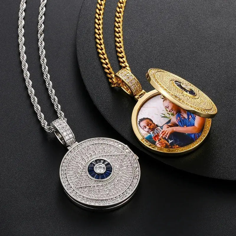 Evil Eye Photo Necklace with Engraving Personalized for Men Women, 18K Gold/Platinum Plated AAA CZ Medallion Customized Photo Pendant JettsJewelers