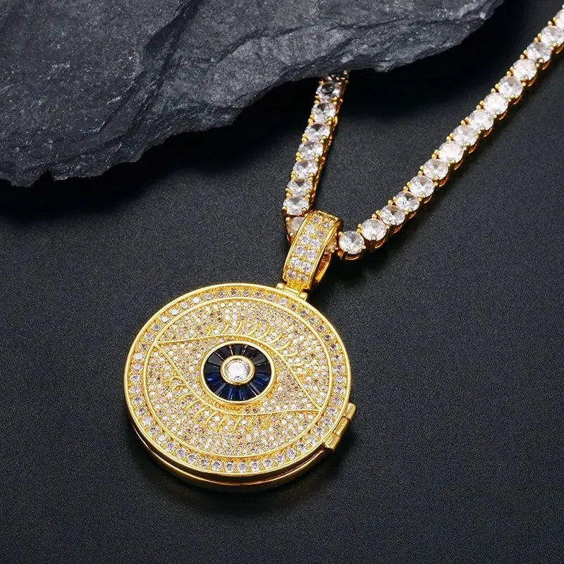 Evil Eye Photo Necklace with Engraving Personalized for Men Women, 18K Gold/Platinum Plated AAA CZ Medallion Customized Photo Pendant JettsJewelers