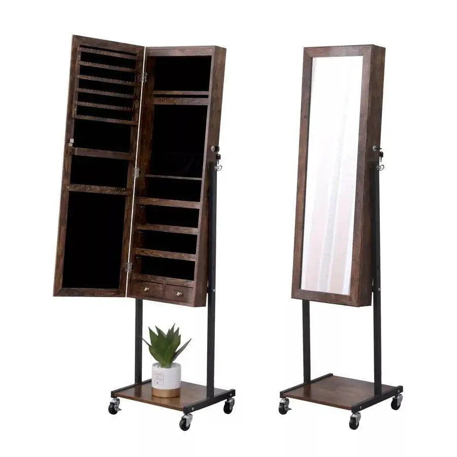 Free Standing Wooden Jewelry Storage Mirror Cabinet with Wheels Rolling Full Length Dressing Mirror with Built-in Jewelry Chest Lockable - JettsJewelers