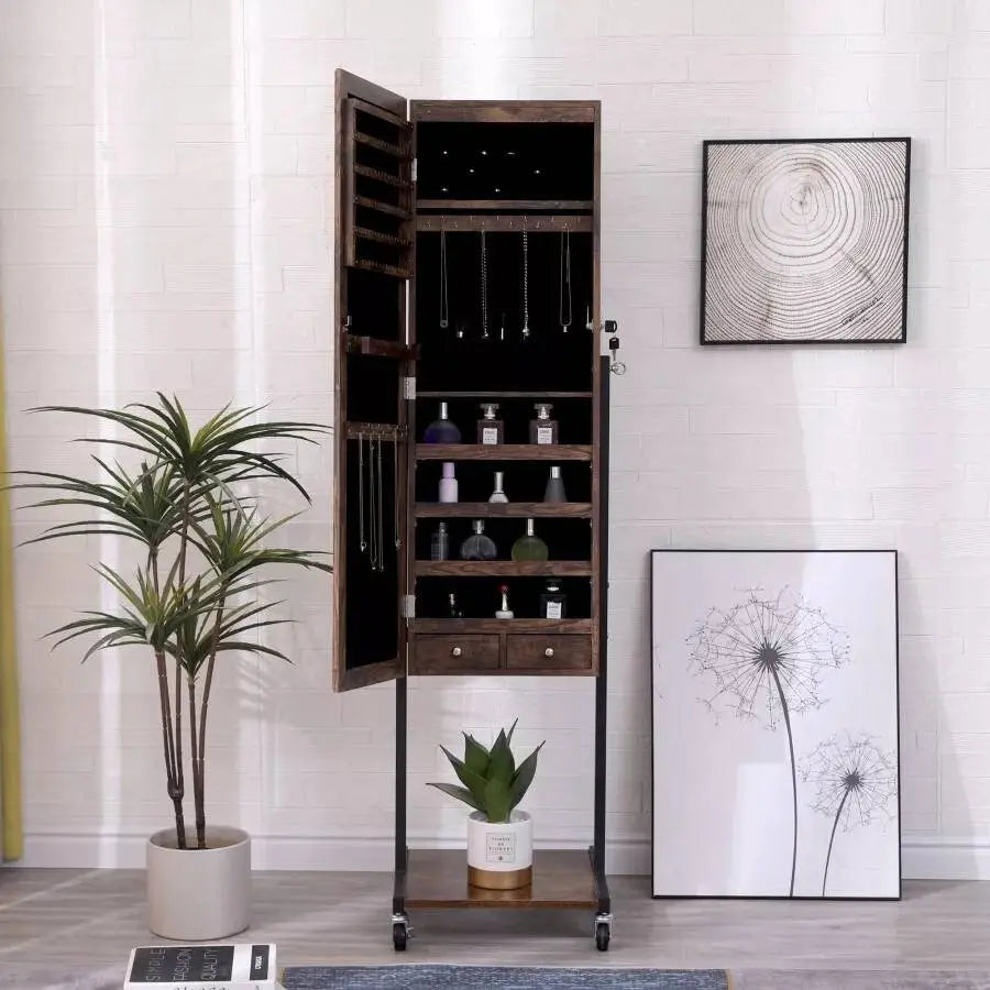 Free Standing Wooden Jewelry Storage Mirror Cabinet with Wheels Rolling Full Length Dressing Mirror with Built-in Jewelry Chest Lockable - JettsJewelers