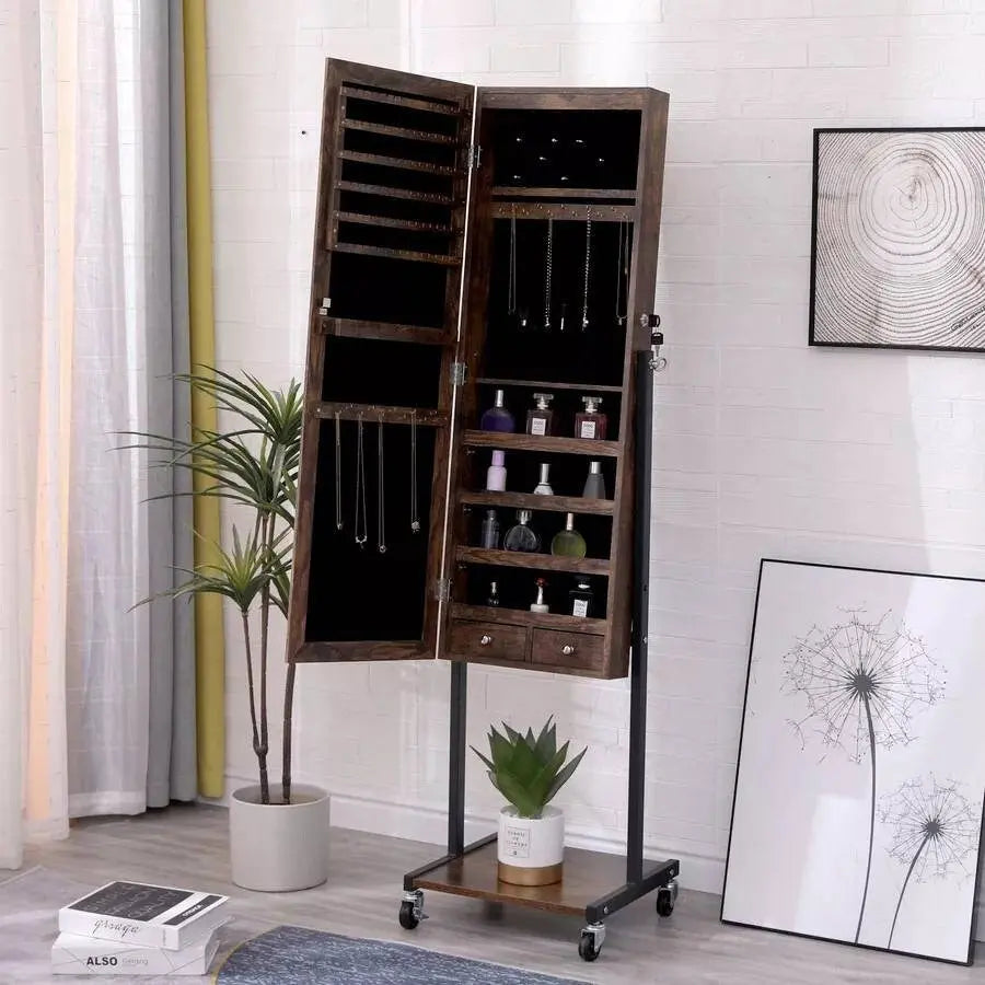 Free Standing Wooden Jewelry Storage Mirror Cabinet with Wheels Rolling Full Length Dressing Mirror with Built-in Jewelry Chest Lockable JettsJewelers