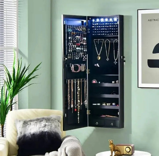 Full Length Mirror Jewelry Cabinet, 6 LEDs Jewelry Armoire Wall Mounted Over The Door Hanging, Jewelry Organizer Storage Lights Lockable - JettsJewelers