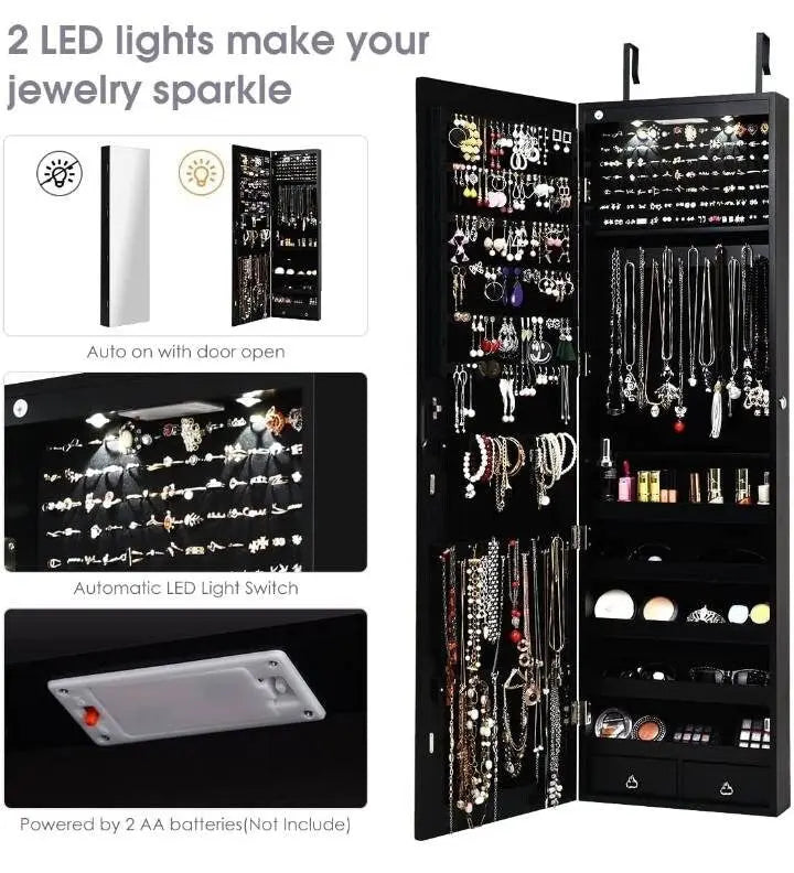 Full Length Mirror Jewelry Cabinet, 6 LEDs Jewelry Armoire Wall Mounted Over The Door Hanging, Jewelry Organizer Storage Lights Lockable - JettsJewelers