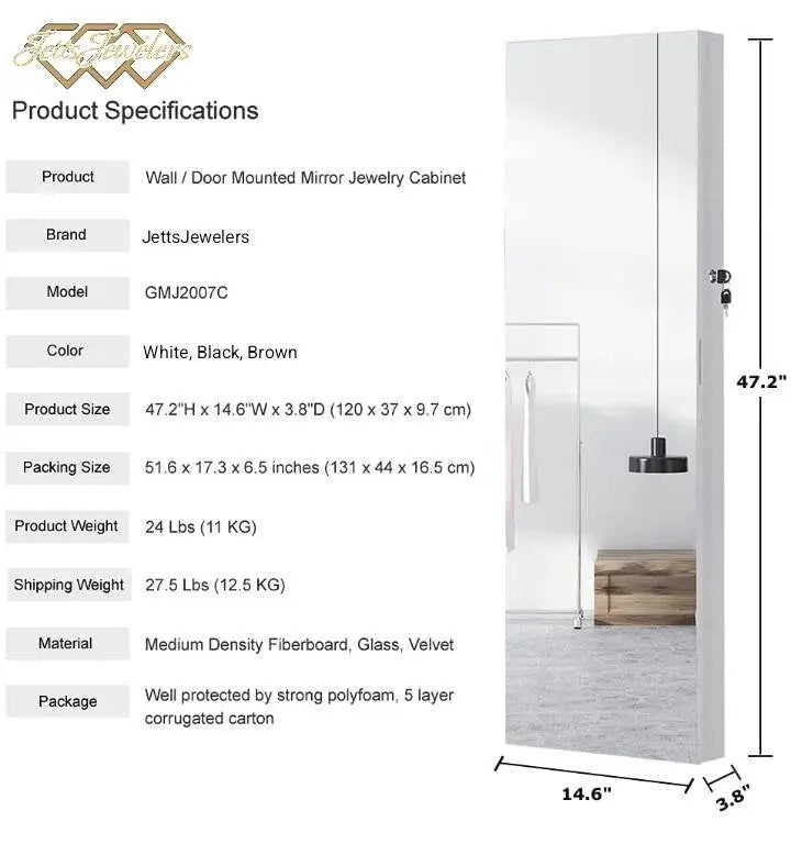 Full Length Mirror Jewelry Cabinet, 6 LEDs Jewelry Armoire Wall Mounted Over The Door Hanging, Jewelry Organizer Storage Lights Lockable - JettsJewelers