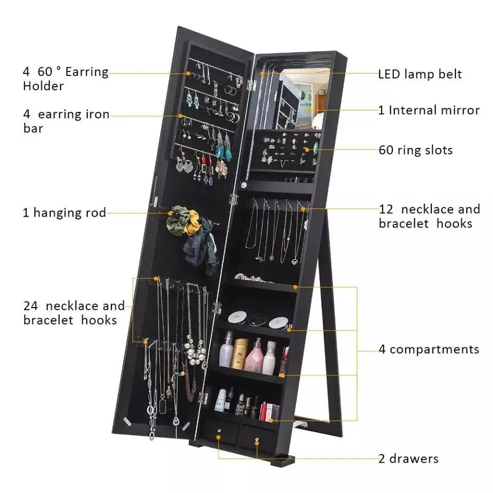 Full-Length Mirror Jewelry Storage Mirror Cabinet Cosmetics Lockable Jewelry Small Accessories Storage Cabinet Stand-up Mirror - JettsJewelers
