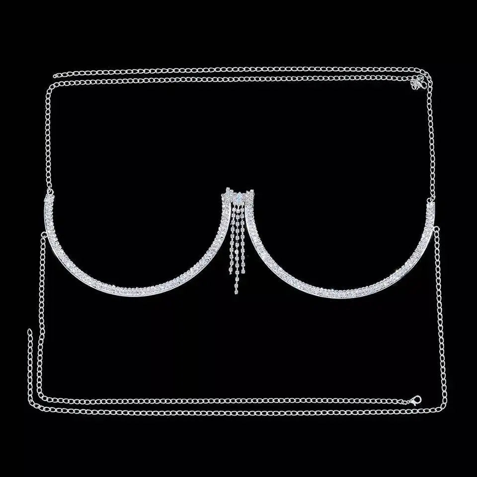 Gem Heart Tassels Rhinestone Bra Chain Sexy Bikini Silver Gold Beauty Chest Bracket Bras Chain Nightclub Partying Body Jewelry for Women JettsJewelers