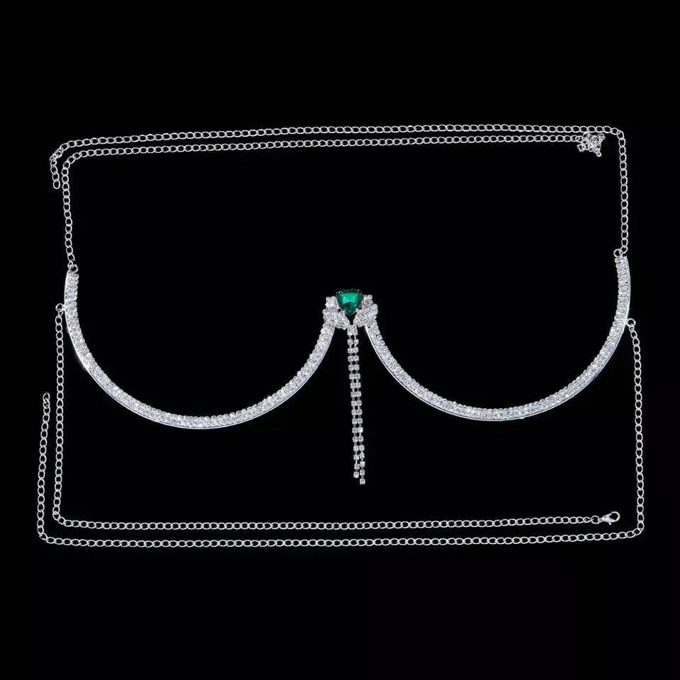 Gem Heart Tassels Rhinestone Bra Chain Sexy Bikini Silver Gold Beauty Chest Bracket Bras Chain Nightclub Partying Body Jewelry for Women JettsJewelers