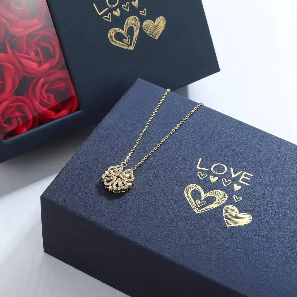 Gifts for Her Valentines Preserved Rose with Magnetic Folding Heart-Shaped Four-Leaf Clover Necklace - Gifts for Mom Wife Girlfriend Grandma JettsJewelers