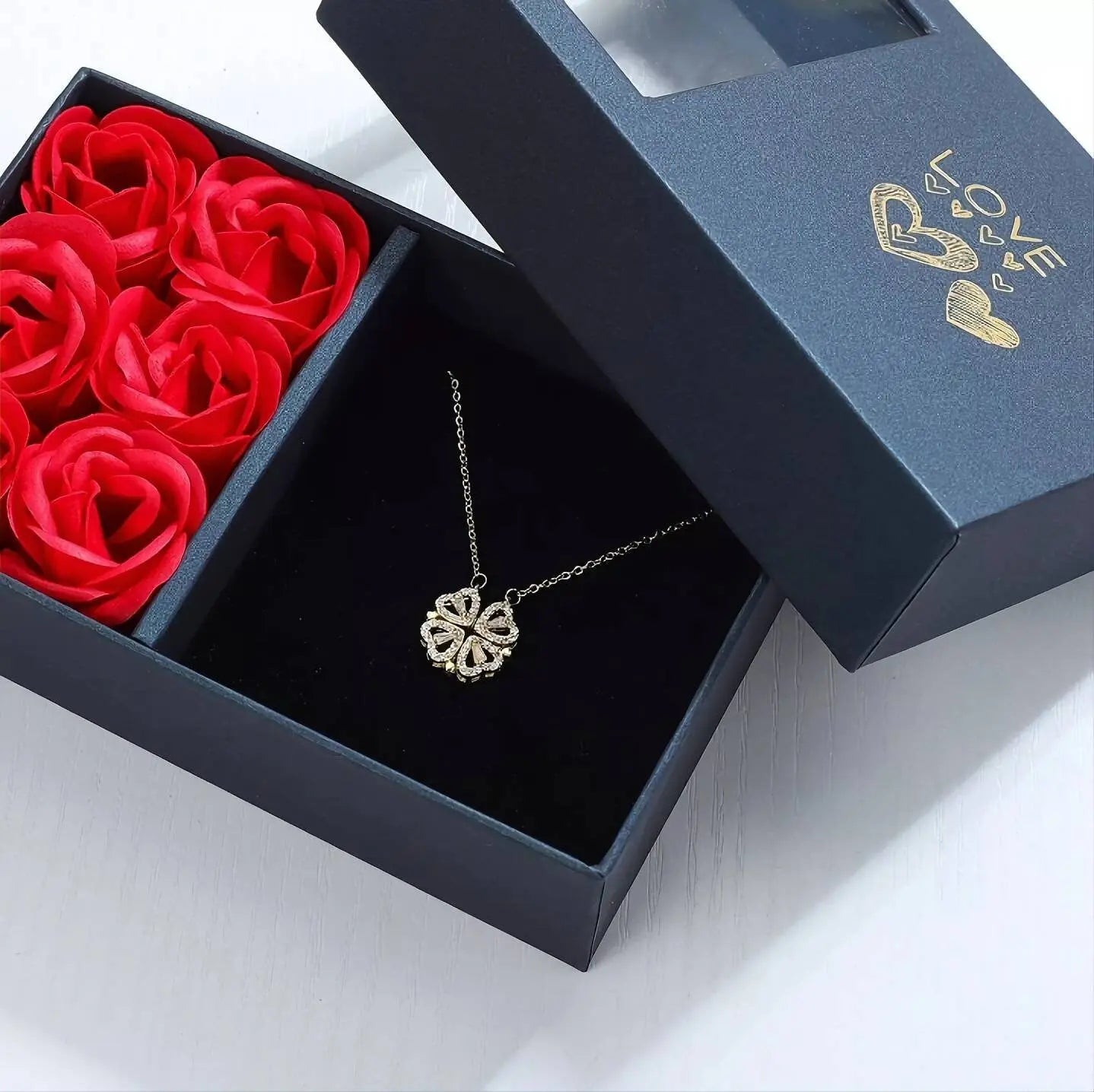 Gifts for Her Valentines Preserved Rose with Magnetic Folding Heart-Shaped Four-Leaf Clover Necklace - Gifts for Mom Wife Girlfriend Grandma JettsJewelers