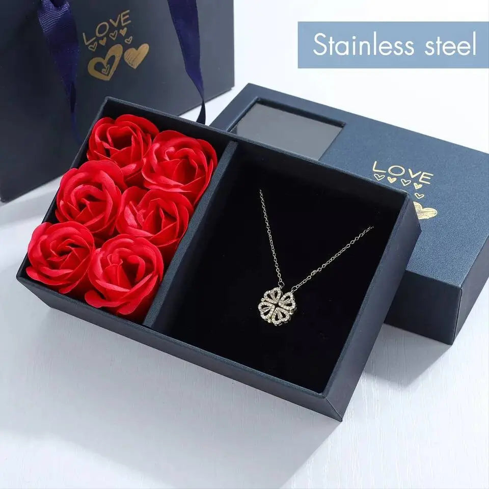 Gifts for Her Valentines Preserved Rose with Magnetic Folding Heart-Shaped Four-Leaf Clover Necklace - Gifts for Mom Wife Girlfriend Grandma JettsJewelers