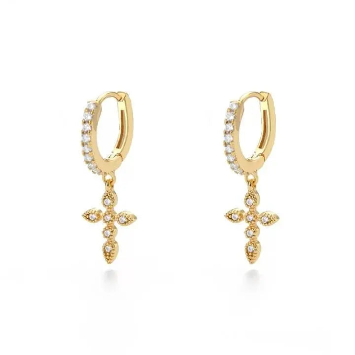Gold Dainty Dangle Hoop Earrings for Women 14K Gold Plated Delicate Cross Dangle Earrings - JettsJewelers