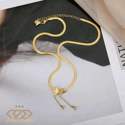 Gold Necklaces for Women - Butterfly Choker Necklace Gold Pendant Necklace 18K Gold Plated Adjustable Herringbone Personalized Necklace - JettsJewelers