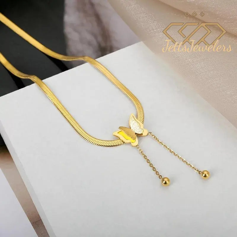 Gold Necklaces for Women - Butterfly Choker Necklace Gold Pendant Necklace 18K Gold Plated Adjustable Herringbone Personalized Necklace - JettsJewelers