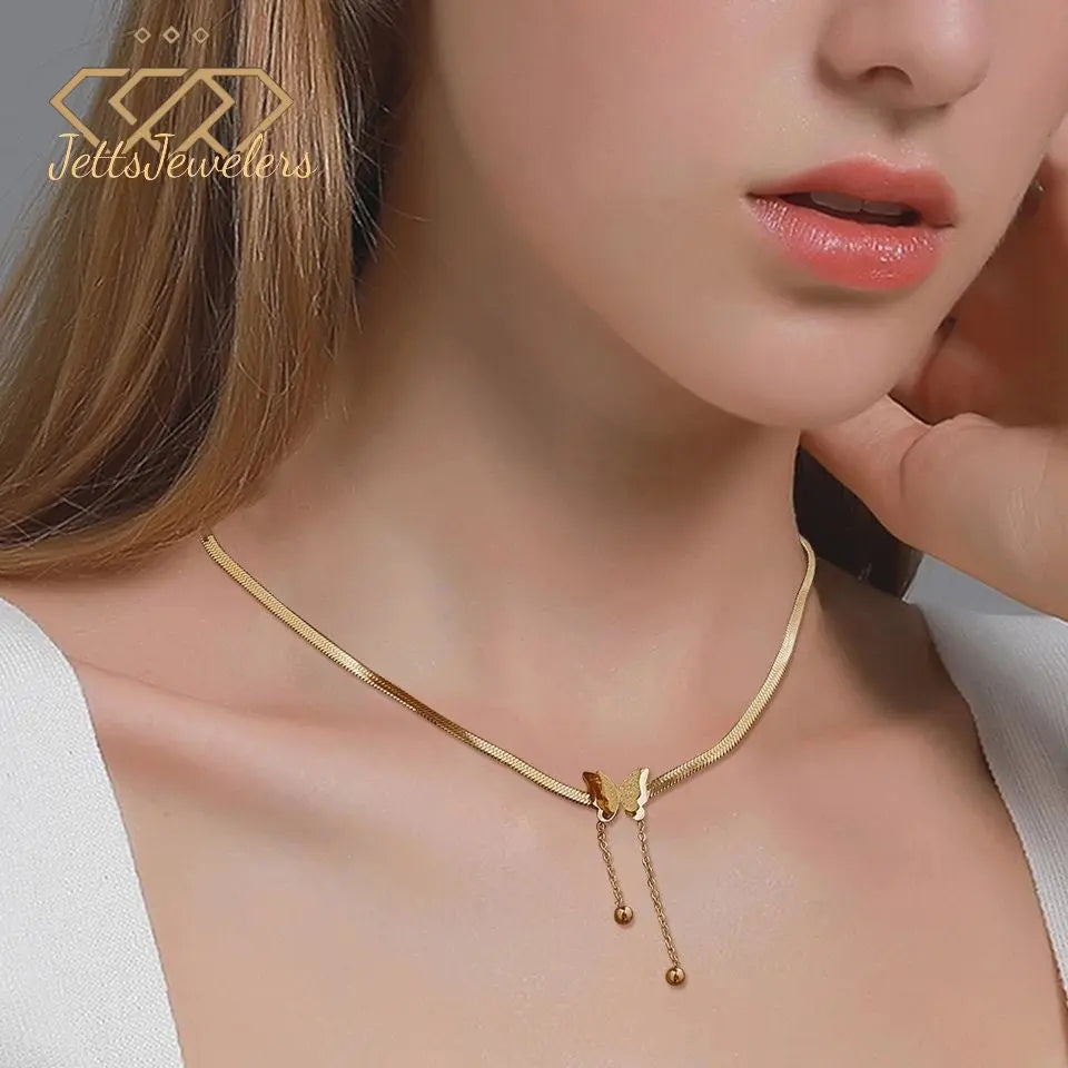 Gold Necklaces for Women - Butterfly Choker Necklace Gold Pendant Necklace 18K Gold Plated Adjustable Herringbone Personalized Necklace - JettsJewelers
