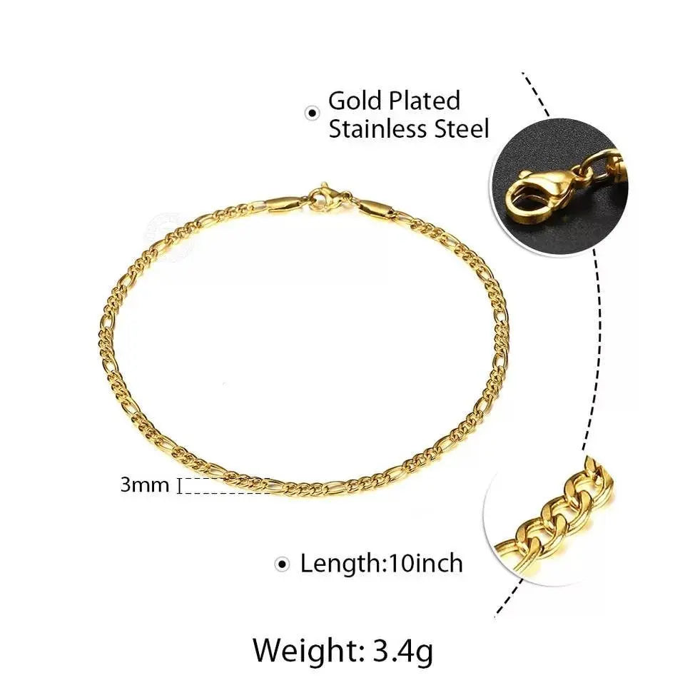 Gold Plated Chain Anklet for Women Unisex Stainless Steel Rope Figaro Curb Link Leg Chain Bracelets Summer Jewelry 10inch - JettsJewelers