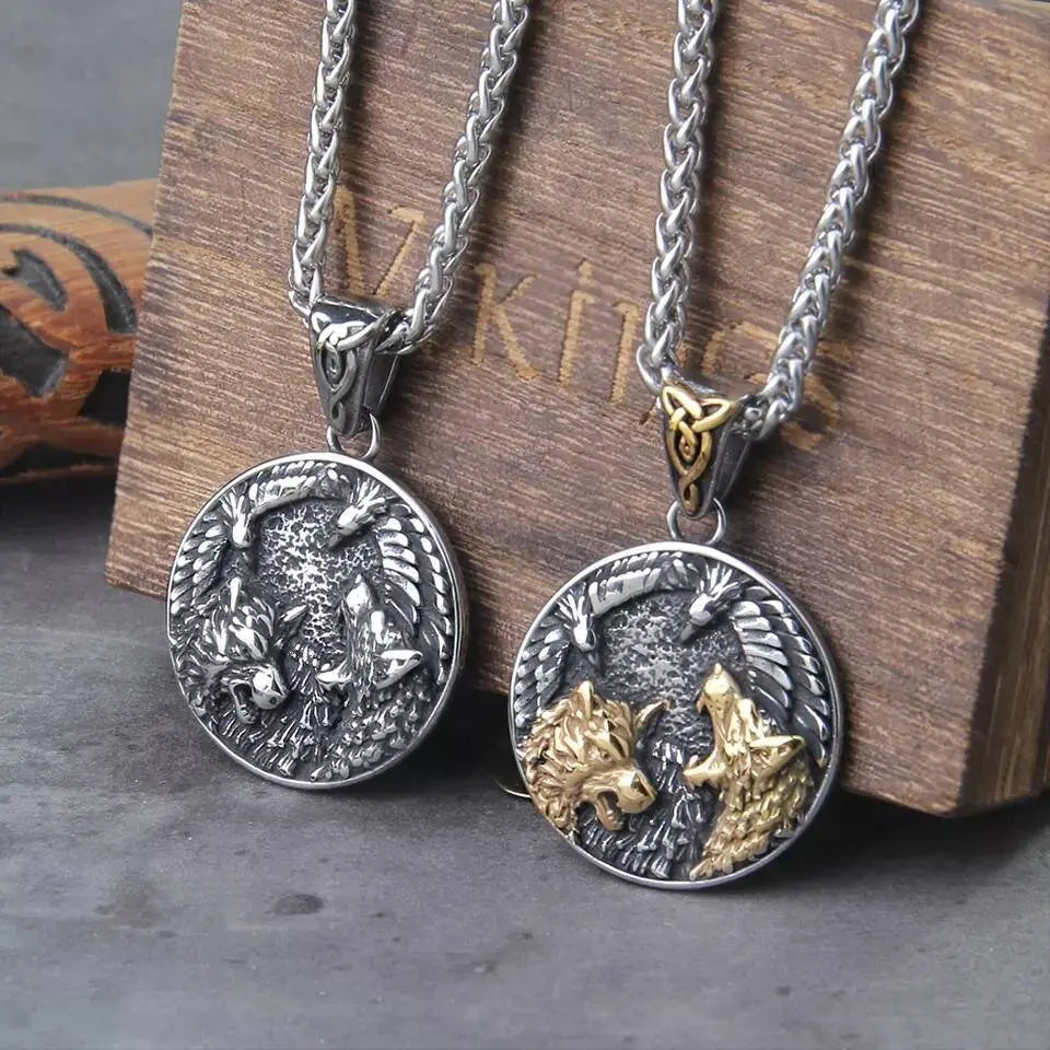 Gold Silver Dual Wolfs and Eagle Stainless Steel Necklace JettsJewelers
