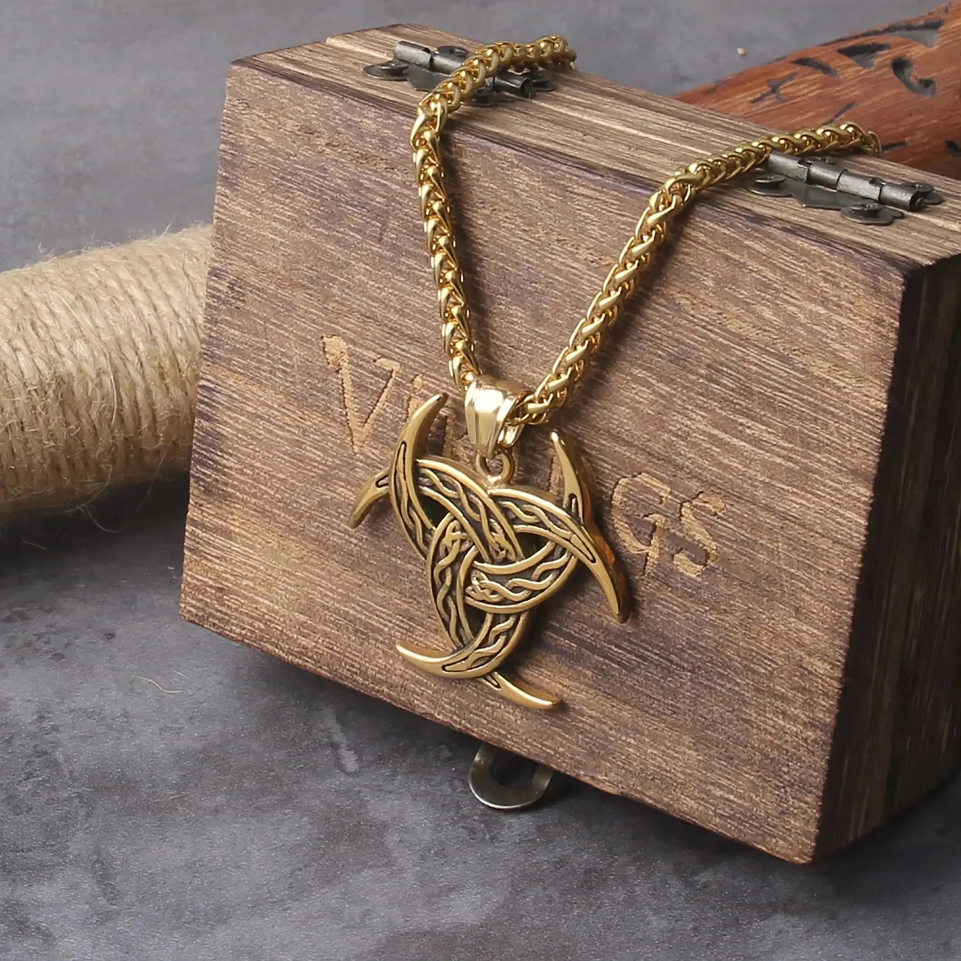 Gold Viking Trinity Pendant Necklace with Free Box and Gift Bag Steel Jewelry Necklace JettsJewelers