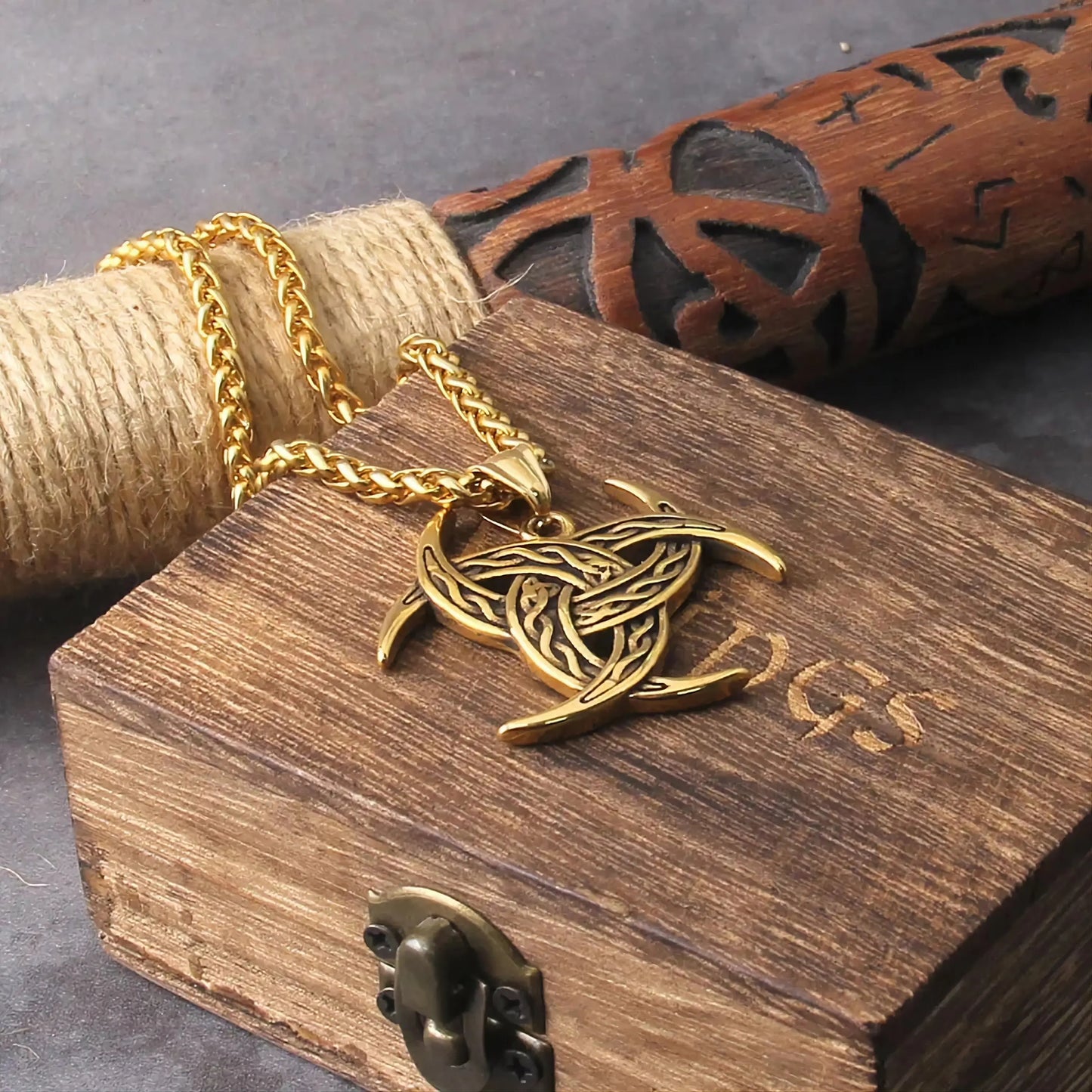 Gold Viking Trinity Pendant Necklace with Free Box and Gift Bag Steel Jewelry Necklace JettsJewelers