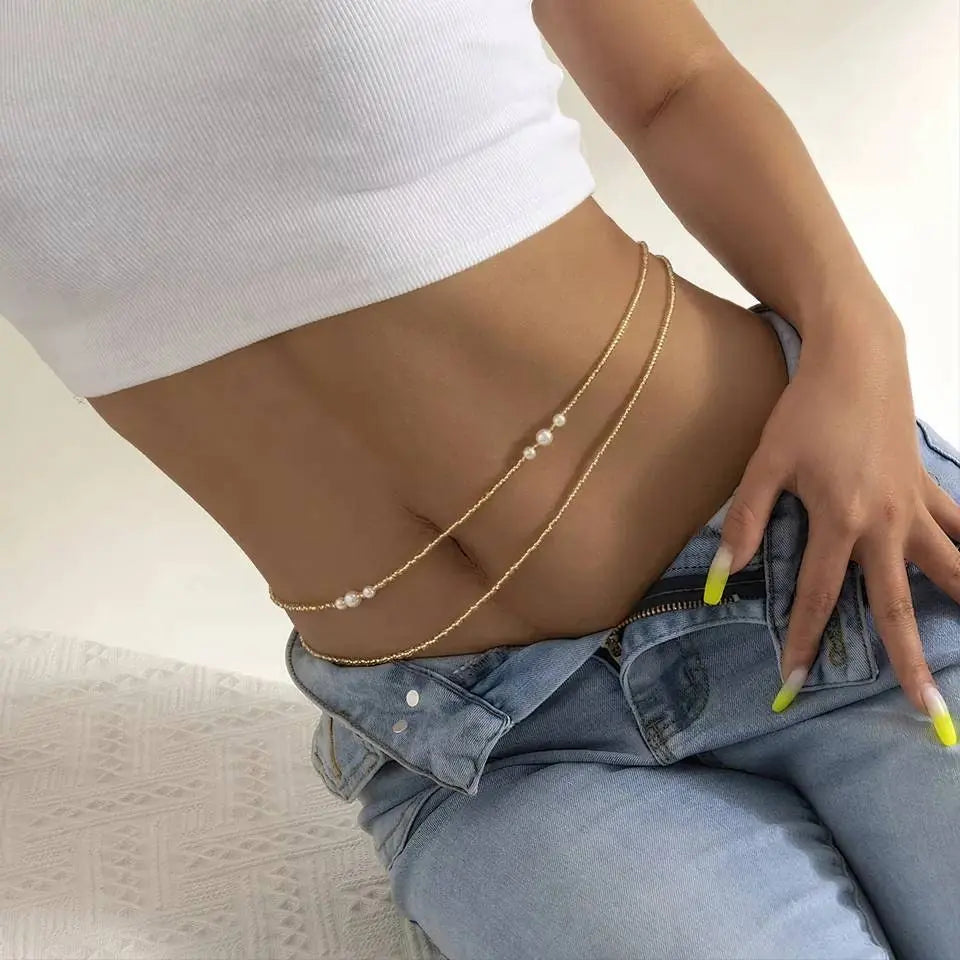 Gold Vintage Style Layered Beads Imitation Pearls Sexy Multi-layered Aesthetic Belly Chain Waist Body Chain JettsJewelers