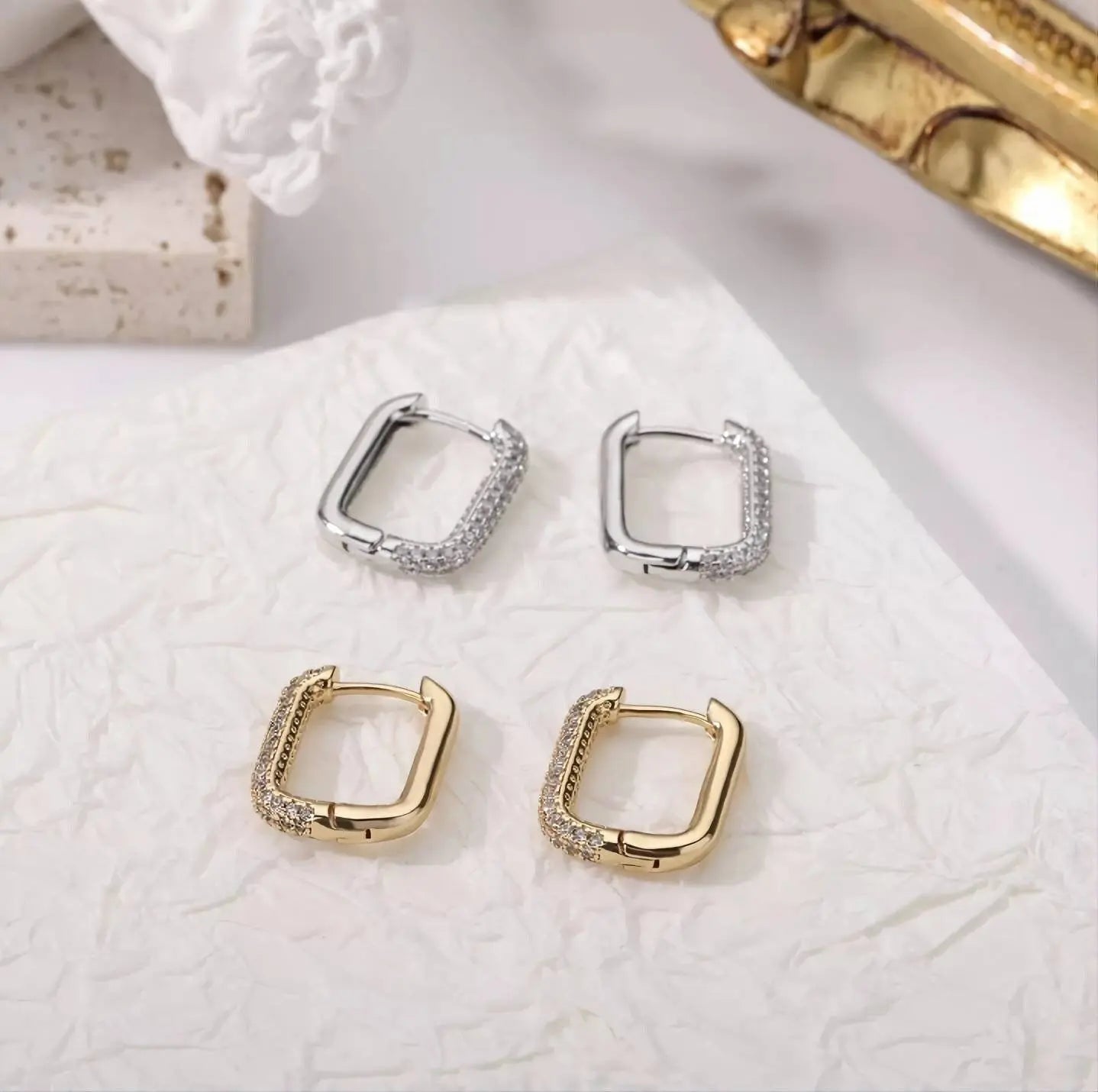 Gold and Silver Plated Minimalist Square Hoop Cubic Zirconia Earrings JettsJewelers