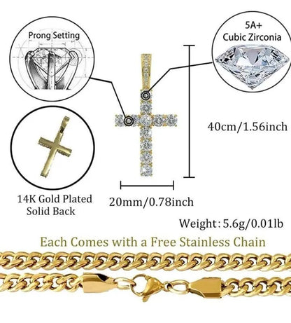 Gold&Silver Plated Solid 14k Iced out Cubic Zirconia Cross Pendant Necklace - JettsJewelers