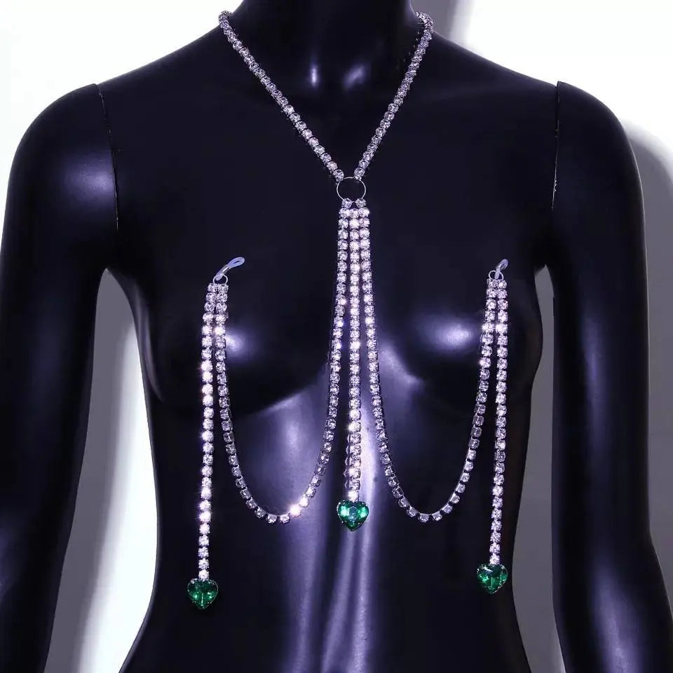 Green Nipple Chain Rhinestones Bra Body Sexy Bikini Silver Gold Beauty Chest Bracket Bras Nightclub and Partying Body Jewelry for Women JettsJewelers