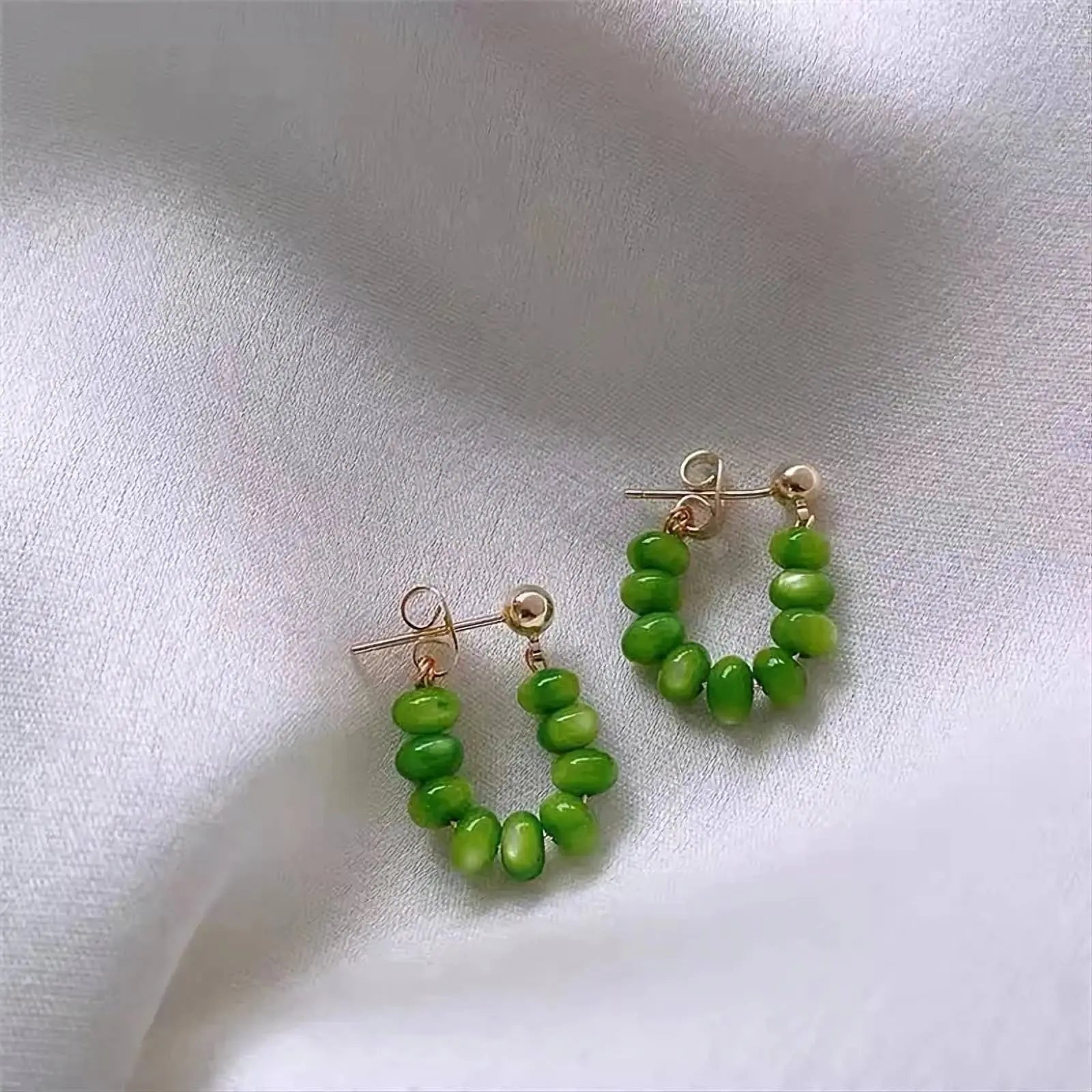 Green Opals Beads String Gold Earrings JettsJewelers