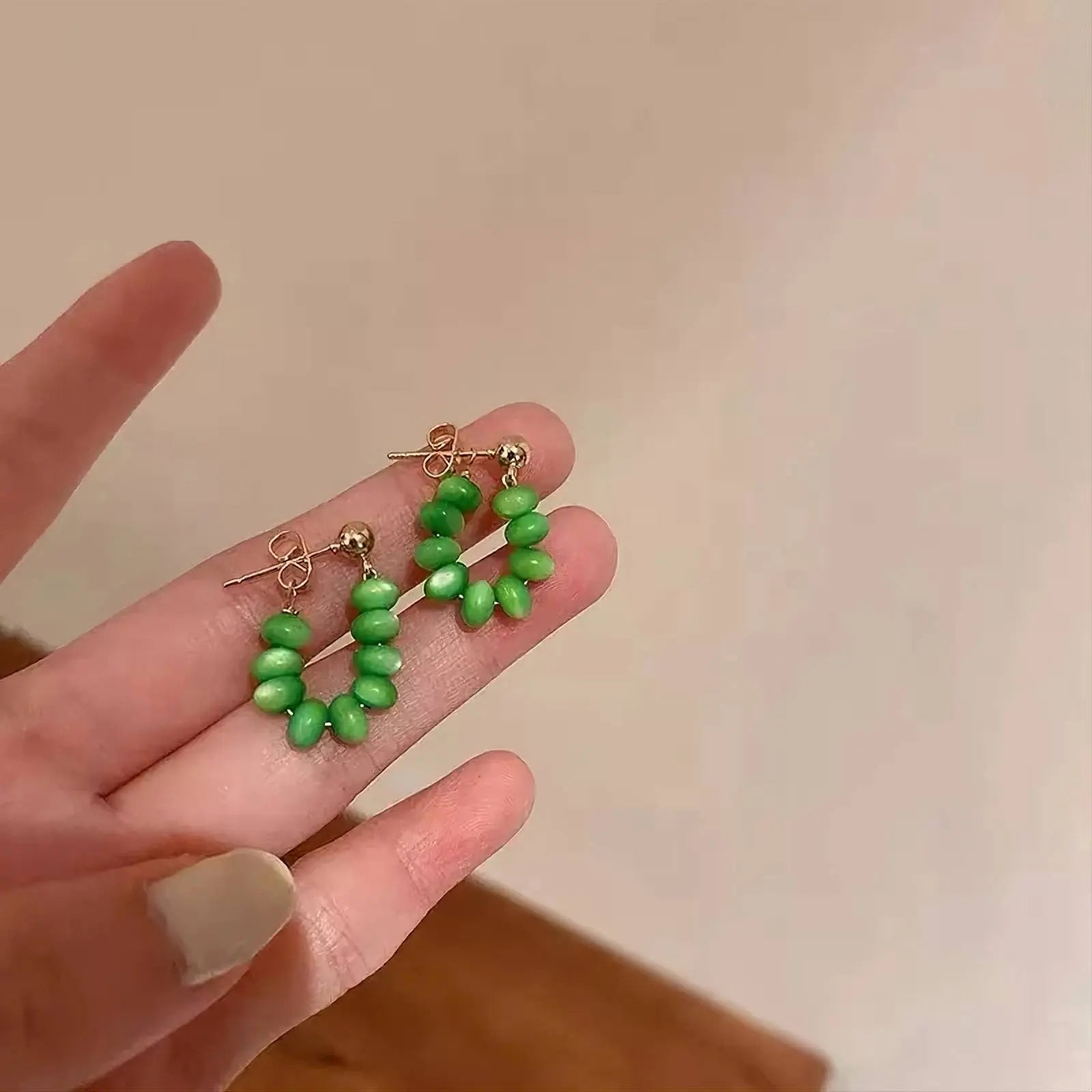 Green Opals Beads String Gold Earrings JettsJewelers