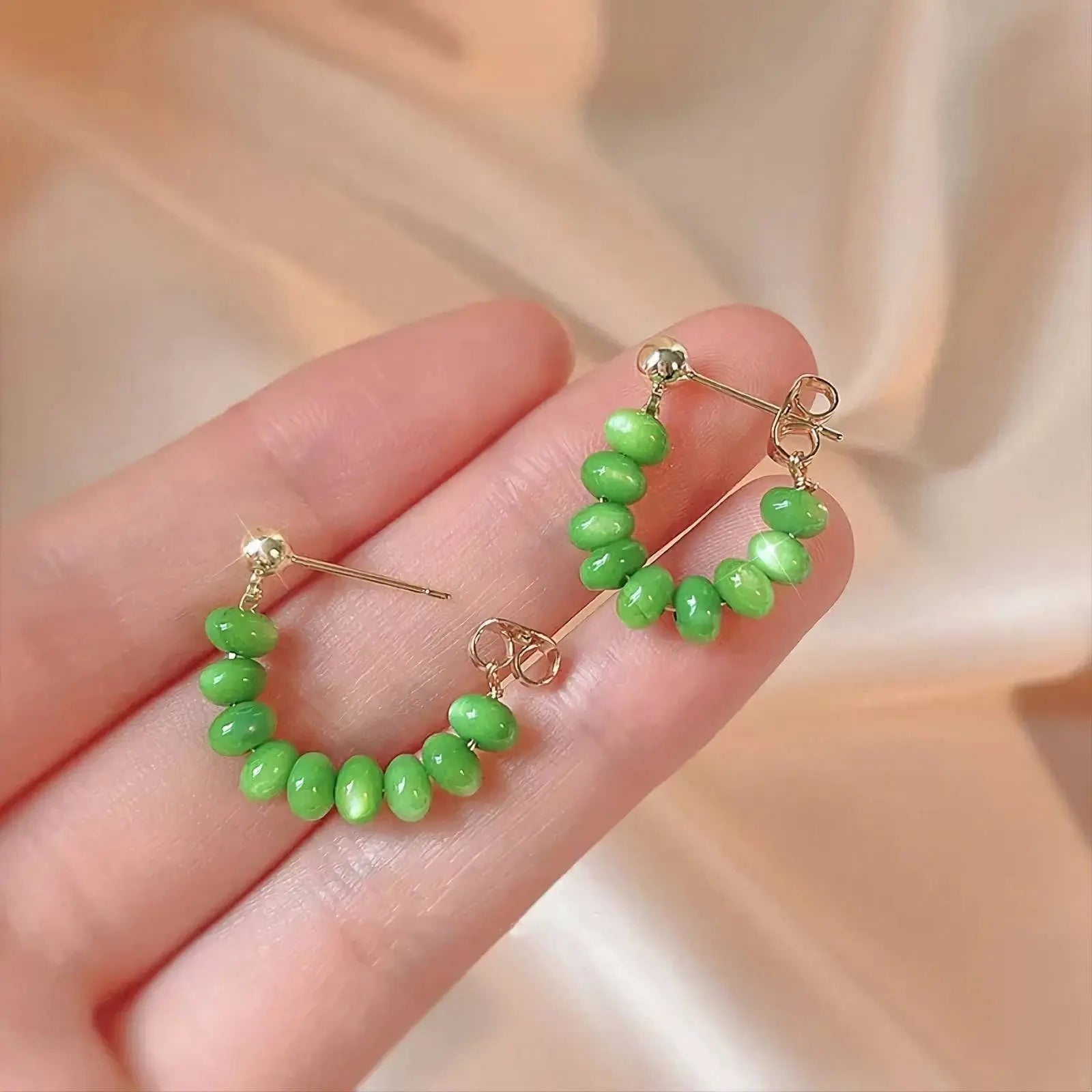 Green Opals Beads String Gold Earrings JettsJewelers