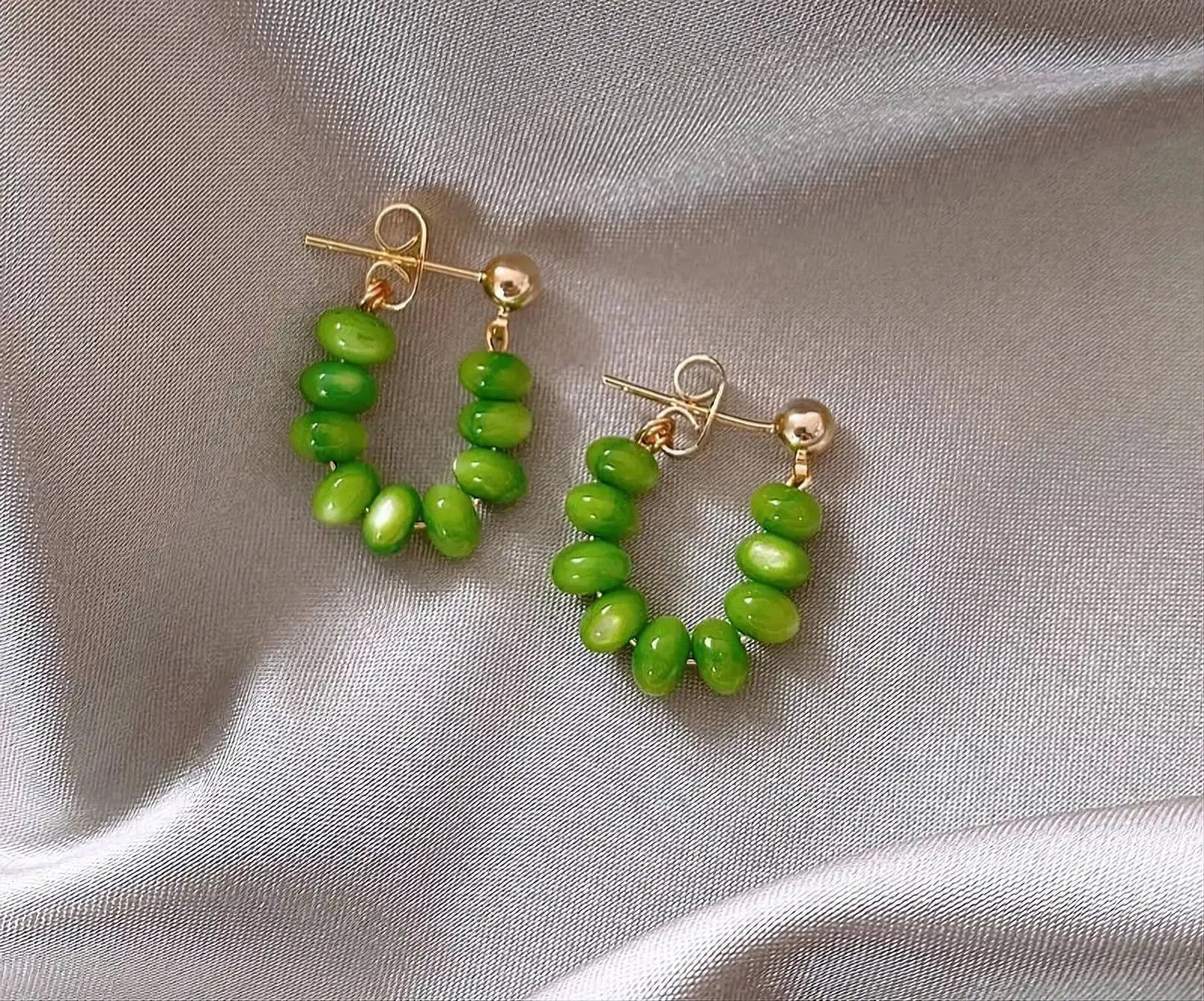 Green Opals Beads String Gold Earrings JettsJewelers