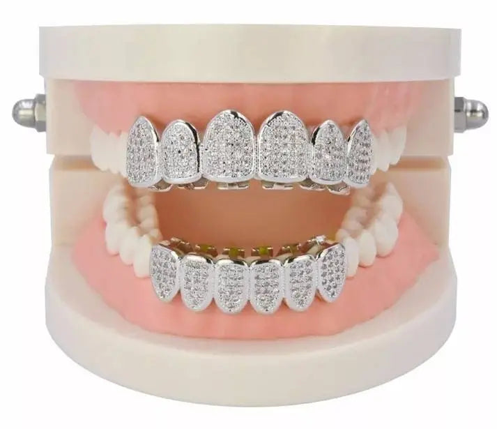 Grillz Teeth Caps Gold Color Plated Luxury Micro Pave CZ Stones Top & Bottom Teeth Grills Set - JettsJewelers