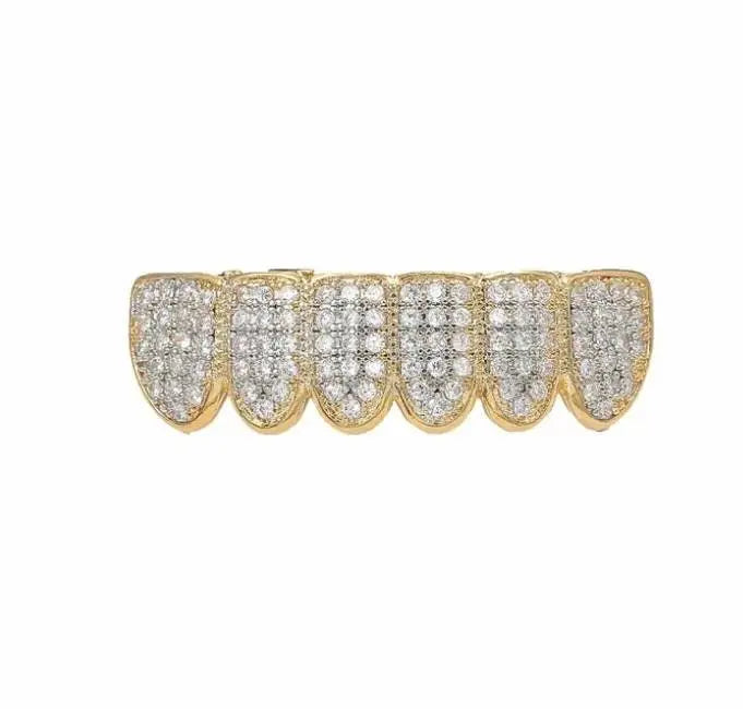 Grillz Teeth Caps Gold Color Plated Luxury Micro Pave CZ Stones Top & Bottom Teeth Grills Set - JettsJewelers