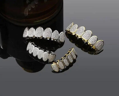 Grillz Teeth Caps Gold Color Plated Luxury Micro Pave CZ Stones Top & Bottom Teeth Grills Set JettsJewelers