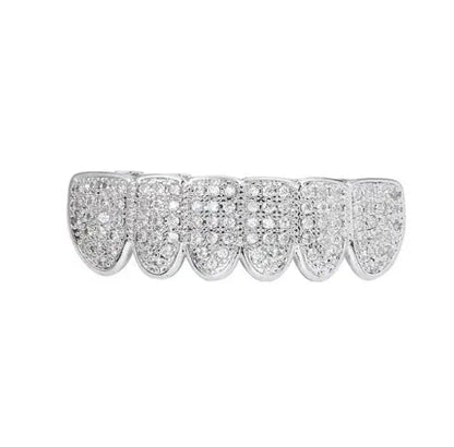 Grillz Teeth Caps Gold Color Plated Luxury Micro Pave CZ Stones Top & Bottom Teeth Grills Set JettsJewelers