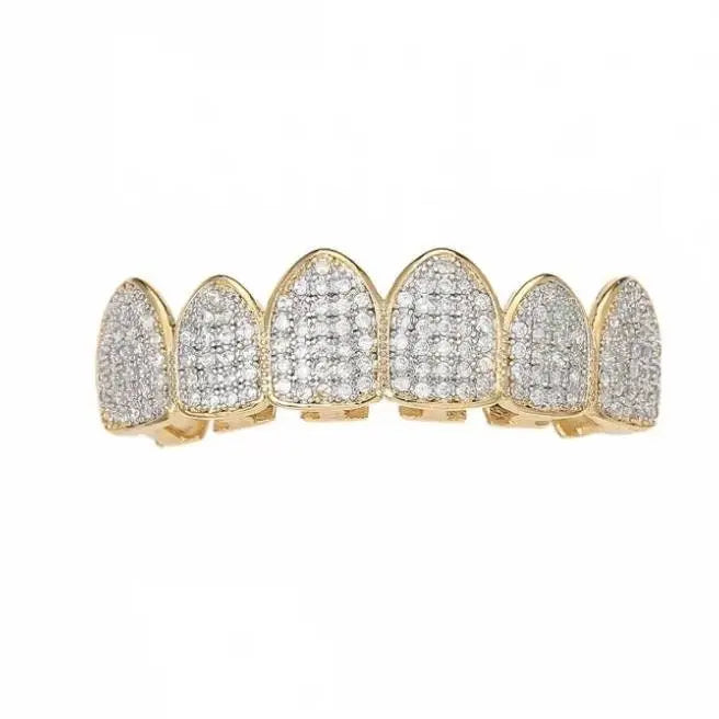 Grillz Teeth Caps Gold Color Plated Luxury Micro Pave CZ Stones Top & Bottom Teeth Grills Set JettsJewelers