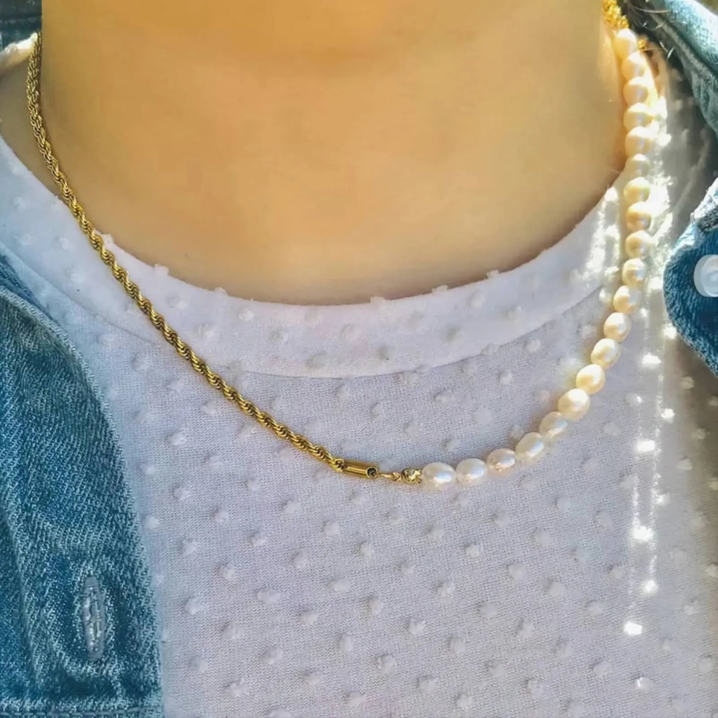 Half Imitation Pearl Half Gold Rope Chain Necklace Pendant Vintage Freshwater Pearl Twist Choker Necklace JettsJewelers