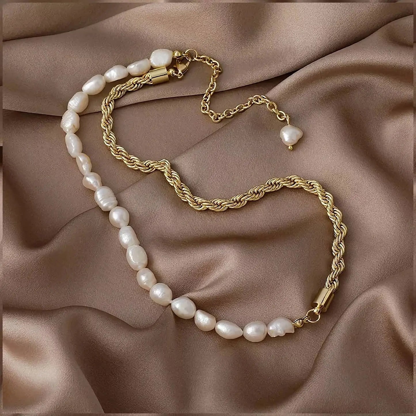 Half Imitation Pearl Half Gold Rope Chain Necklace Pendant Vintage Freshwater Pearl Twist Choker Necklace JettsJewelers