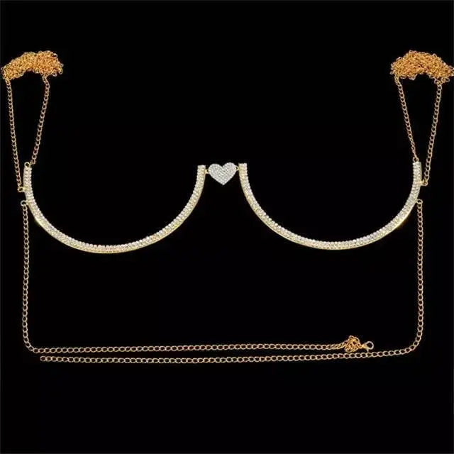 Bling Rhinestone Love Heart Chest Chain Harness Bra Necklace Para