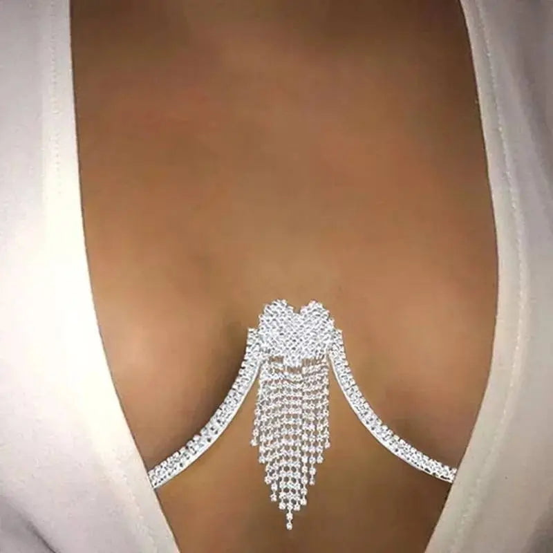 Heart Tassels Rhinestone Bra Chain Sexy Bikini Silver Gold Beauty Chest Bracket Bras Chain Nightclub Partying Body Jewelry for Women JettsJewelers