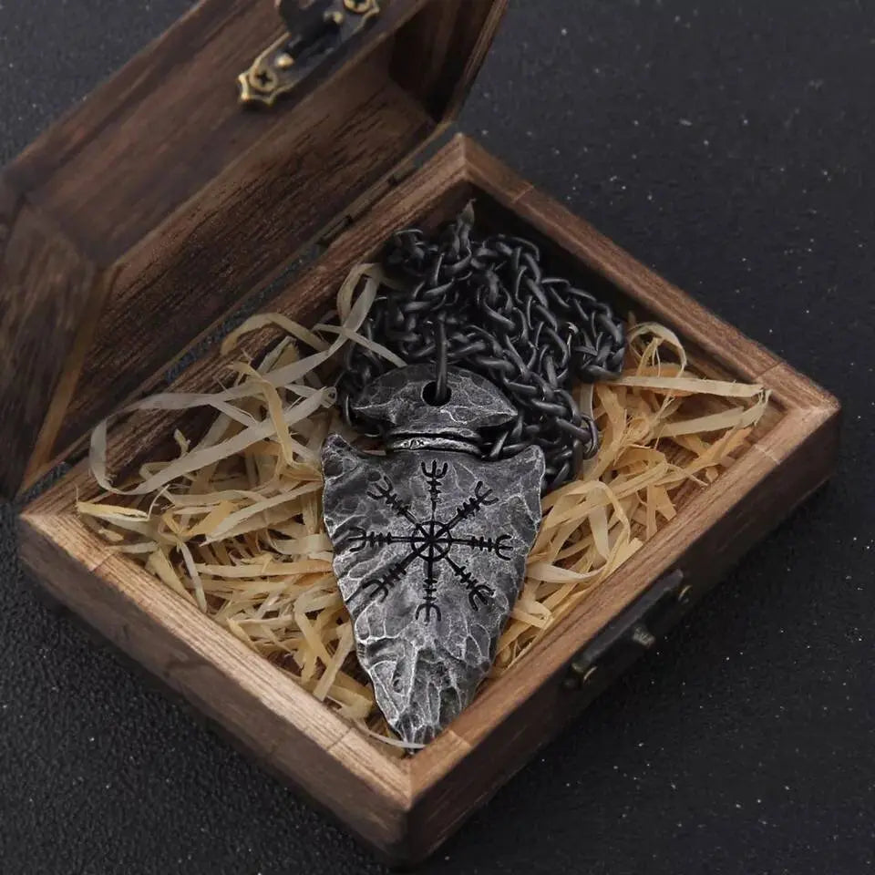 Helm of Awe and Viking Vegvisir Iron Color Viking Spear Head Necklace JettsJewelers