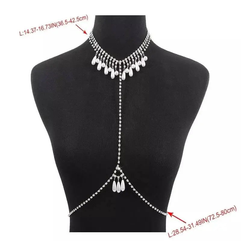 Imitation Pearl Body Harness Chain for Women Bohemian Tassels Shoulder Chain Necklace Jewelry for Party Wedding Summer Beach JettsJewelers