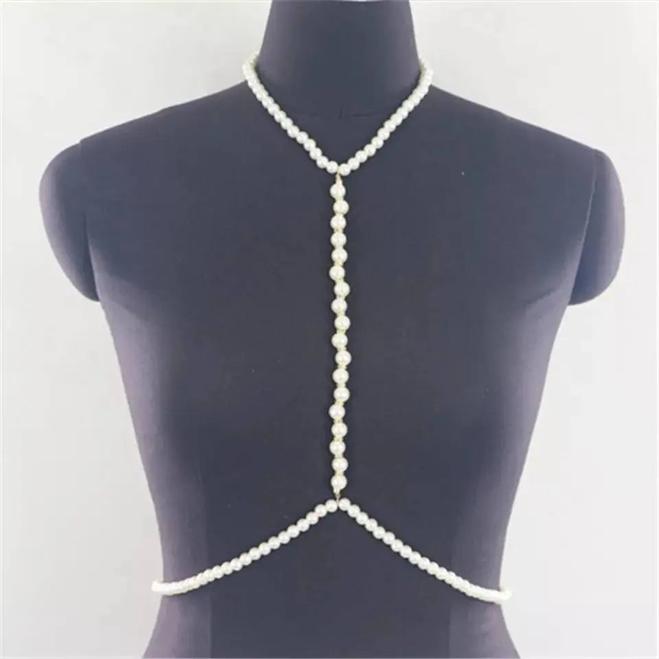 Imitation Pearl Chest Body Chain Jewelry for Women Teen Girls Handmade Pearl Tassel Bra JettsJewelers