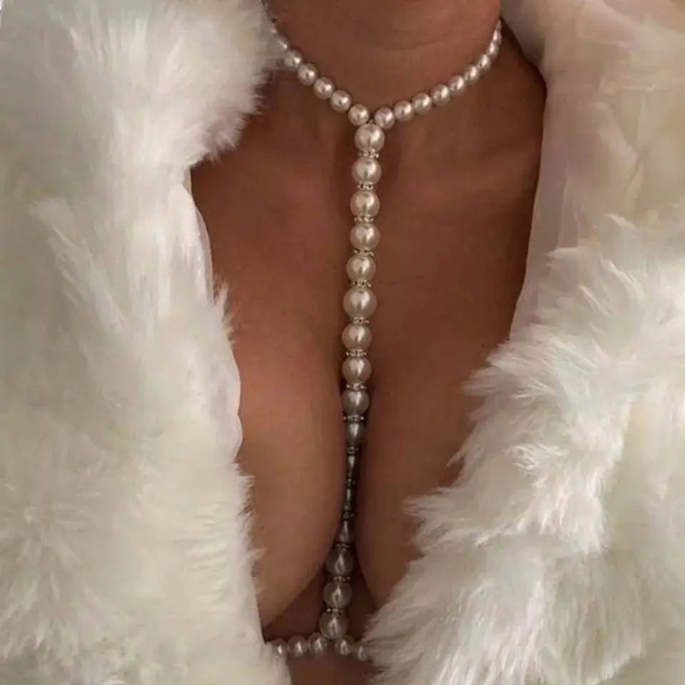 Imitation Pearl Chest Body Chain Jewelry for Women Teen Girls Handmade Pearl Tassel Bra JettsJewelers