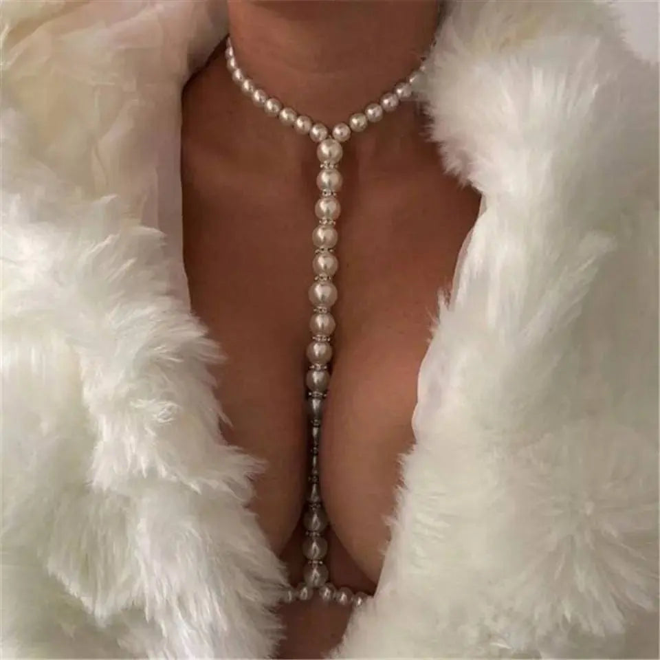 Imitation Pearl Chest Body Chain Jewelry for Women Teen Girls Handmade Pearl Tassel Bra JettsJewelers