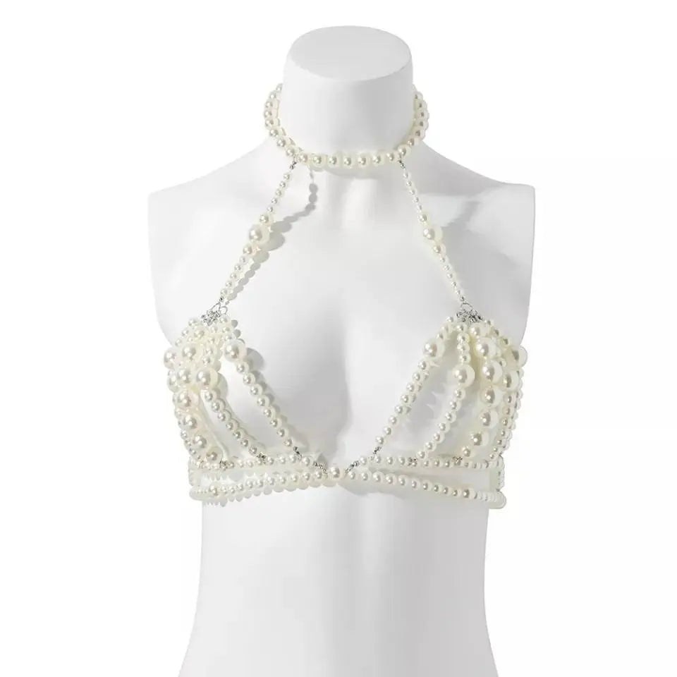 Imitation Pearl Chest Body Chain Jewelry for Women Teen Girls Handmade Pearl Tassel Bra Waist Set JettsJewelers