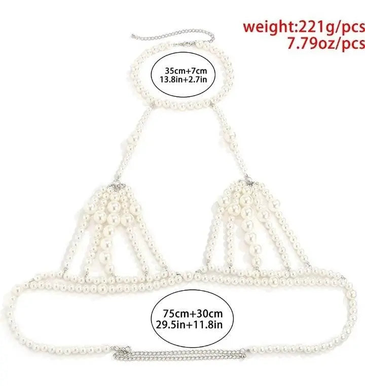 Imitation Pearl Chest Body Chain Jewelry for Women Teen Girls Handmade Pearl Tassel Bra Waist Set JettsJewelers